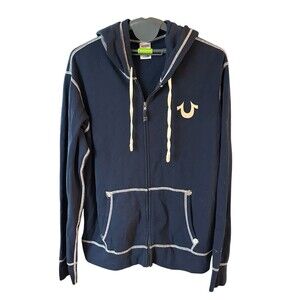 True Religion Men's Full Zip Hoodie Navy Blue Horseshoe Logo Size 3XL